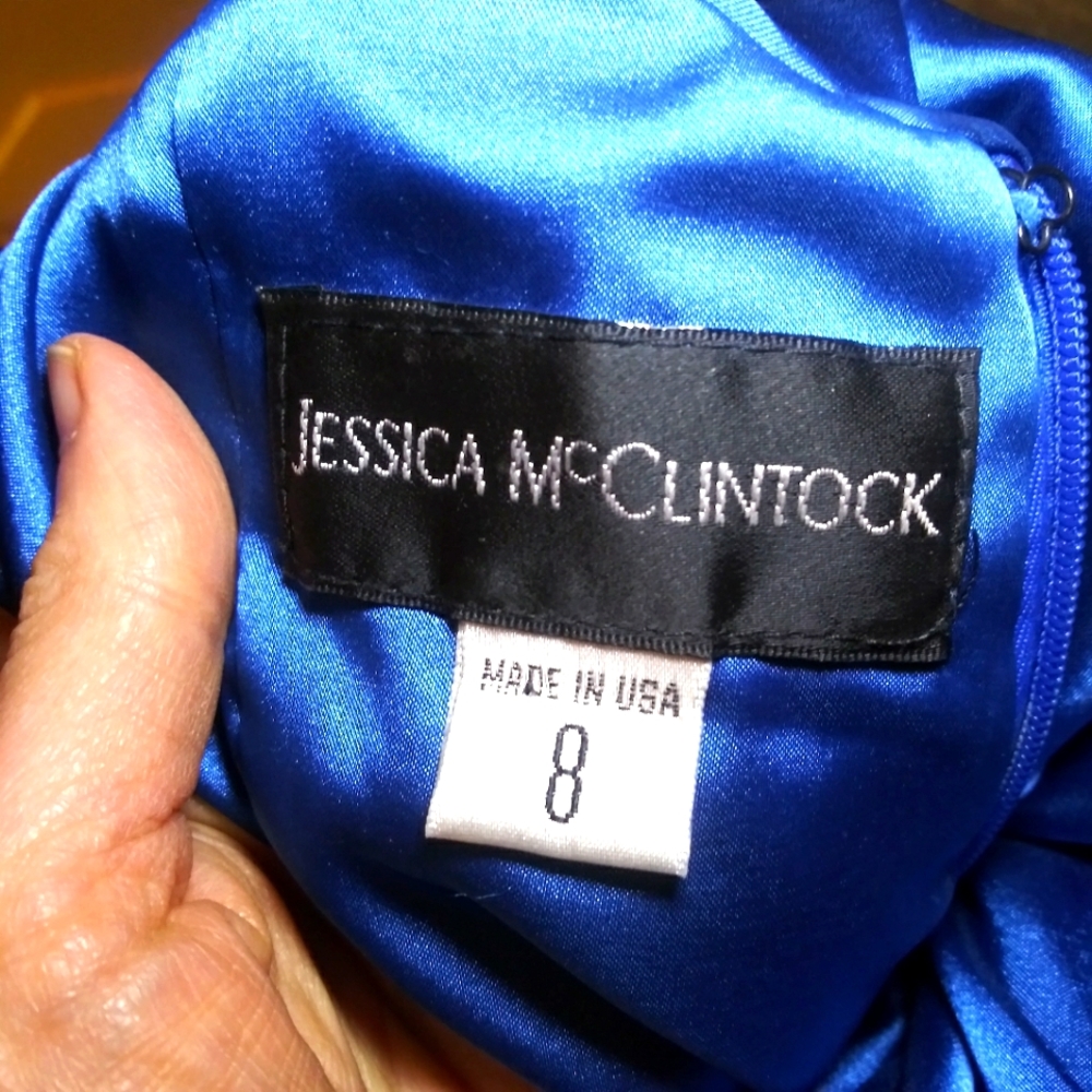 Vintage 90's Jessica McClintock Sexy Blue Satin & Rhinestone Ruched Halter Dress - Picture 10 of 11
